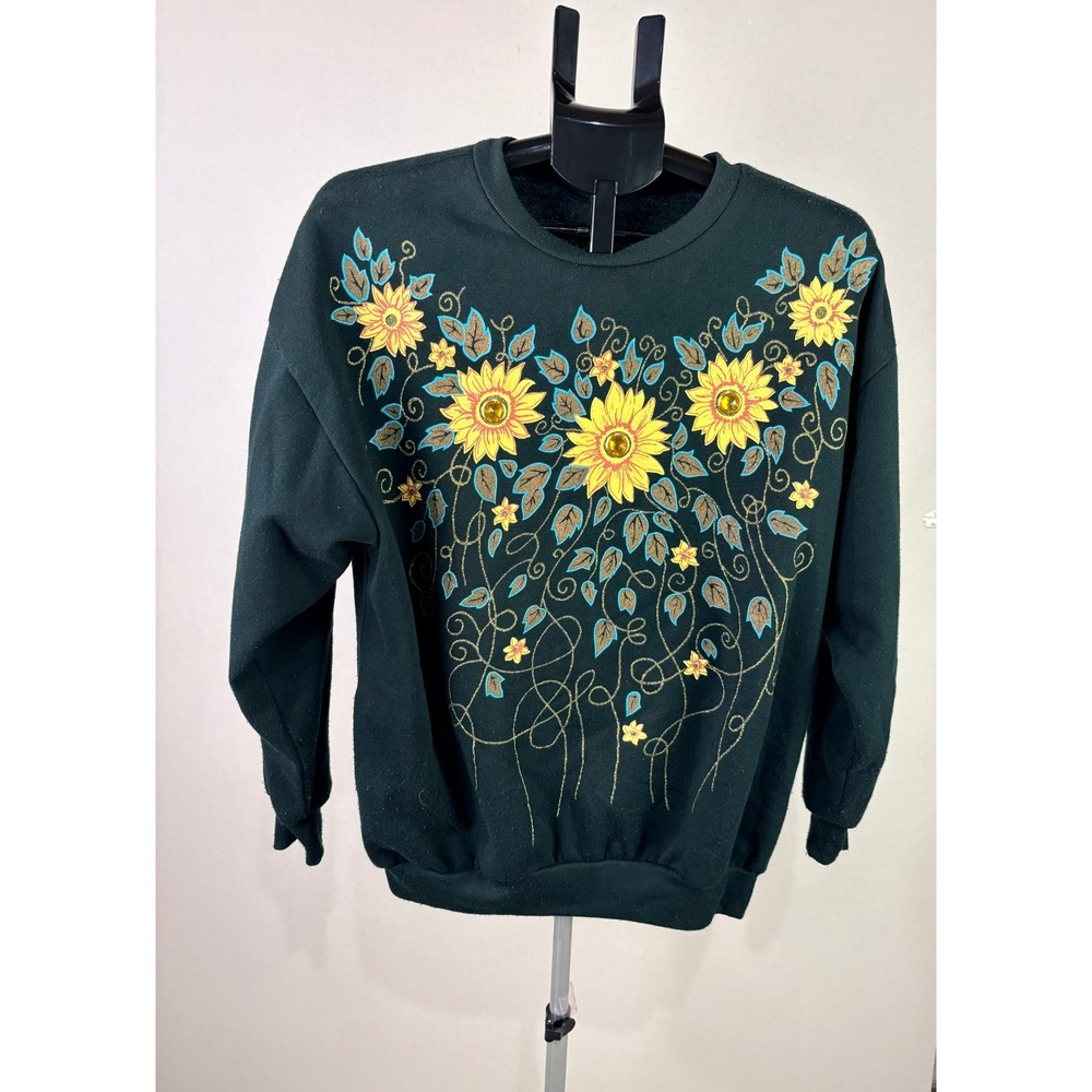 Vintage‎ Cristin Stevens Sport Sunflower Gemstone Sweatshirt Green Large 88441